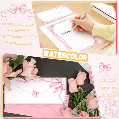 TaoBary 160 Pcs Stationery Paper Set 50 Double Sided Stationery Papers with 50 Matching Envelopes and 60 Round Dot Sticker, 10 Design(Pink Bow,8.5 x 11 Inch) - size: 8.5 x 11 Inch, style: Pink Bow