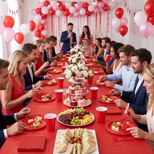 Tinybee 352 Pcs Red Plastic Plates, Disposable Dinnerware Set for 50 - color: Red