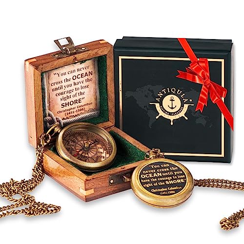 Brass Compass with Wooden Box - Graduation Gifts, Pirate Accessories & Baptism Gift for Boys, Steampunk Travel Decor Compasses for Missionary, Inspirational and Sentimental Compass - style: Columbus Compass