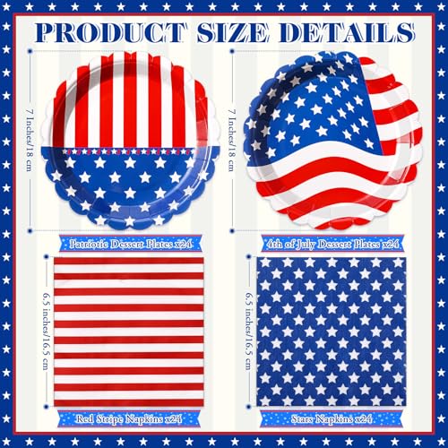 Funnymoom 96 Pcs 4th of July Tableware Set for 48 Guests Include 48 Pcs 7 Inch Dessert Plates and 48 Napkins Patriotic American Star Flag Dinnerware for 250th Anniversary Independence Day Party - style: Americana