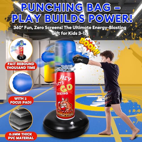 Punching Bag for Kids with 360° Rotating Head, Hyperzoo 63" Heavy-Duty Inflatable Boxing Bag with Glove, Freestanding Punching Bag Toy for Boys & Girls Ages 5–12 – Great