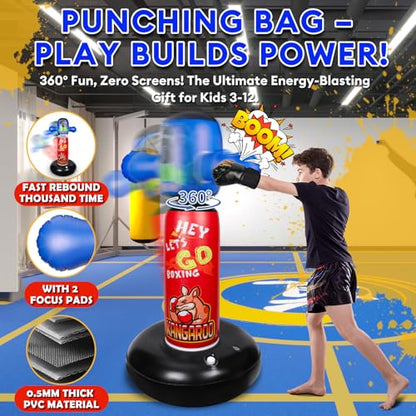 Punching Bag for Kids with 360° Rotating Head, Hyperzoo 63" Heavy-Duty Inflatable Boxing Bag with Glove, Freestanding Punching Bag Toy for Boys & Girls Ages 5–12 – Great