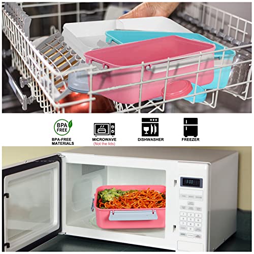 3 Pack Salad Lunch Box Food Storage Containers, 47oz Bento Box To Go Container with Lids, ReusableMeal Prep Containers with Removable Tray & Dressing Pots for Kids and Adults, Microwavable - color: Pink & Green & Light Blue
