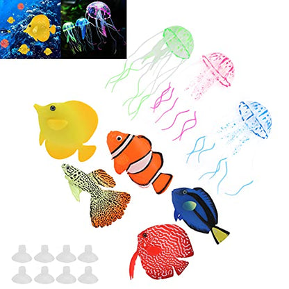 Artificial Glowing Fish Set, Fake Aquarium Decorations with Luminous Jellyfish, Silicone Floating Fish Tank Decor for Freshwater and Saltwater Tanks, Includes Suction Cups and Tran
