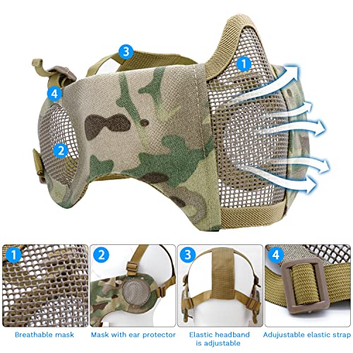 Airsoft Mask with Goggles, Foldable Half Face Airsoft Mesh Mask with Ear Protection for Paintball Shooting Cosplay CS Game - color: camouflage-3pcs, size: 3pcs