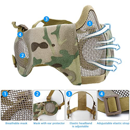 Airsoft Mask with Goggles, Foldable Half Face Airsoft Mesh Mask with Ear Protection for Paintball Shooting Cosplay CS Game - color: camouflage-3pcs, size: 3pcs