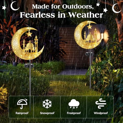 Lewondr 2Pcs Ramadan Solar Lights, Ramadan Decorations Outdoor, Metal Yard Signs LED Eid Decorations Mubarak Star Moon Castle, Waterproof Solar Garden Stakes Lights for Walkway Lawn Patio - style: Moon and Castle