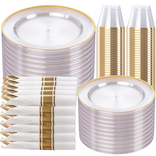 SUT 350 Pcs Gold and Clear Plastic Dinnerware Set for 50 Guests, Include: 50 Dinner Plates, 50 Dessert Plates, 50 Pre Rolled Napkins With Silverware, 50 Cups, Disposable Plates for Party, Wedding - color: Clear Gold, size: 350PCS