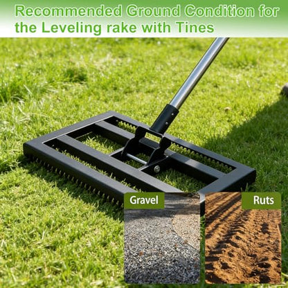 Lawn Leveling Rake 17"x10" for Soil, Gravel Leveling Tool Heavy Duty with Adjustable Long Handle, Garden Level Rake with Tines for Yard, Landscape, Leveling Sand, Grass, Dirt, Ergonomic & Durable - size: 17"x10"