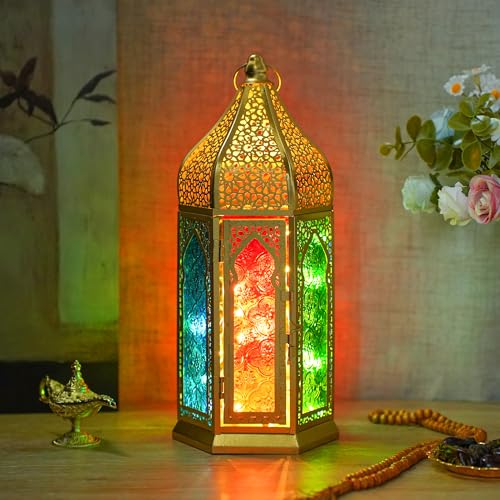 TRIROCKS Moroccan Lantern – 12'' Gold Hexagonal Candle Lantern with Tempered Glass & Hollow-Out Design, Decorative Indoor Outdoor Ramadan Lantern for Garden Yard Patio Wedding Parties Events - size: 6*12"H