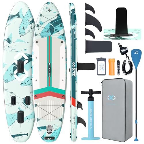ZLX 11'6"x35" Ultra Wide Inflatable Stand Up Paddle Board | Stable Non-Slip Deck Pad, Unique Fin System, Premium SUP Accessories & Backpack - Upgraded Pump for Adults, All Skill Levels - color: Seafoam Green