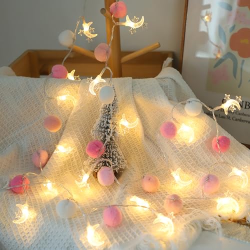 ChiRee Star String Lights with Pink Pom Poms - color: Pink-Moon Star