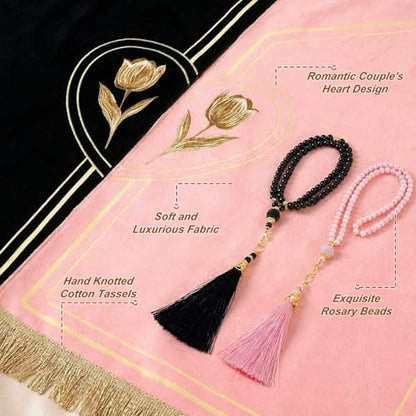 Drydiet 2 Pcs Muslim Couple Prayer Rug Set Heart Design with 2 Pcs Prayer Beads Islamic Muslim Gift Black and Pink Travel Mat Soft Velvet Mat for Couple Women Men Ramadan Eid Wedding Birthday - color: Black and Pink
