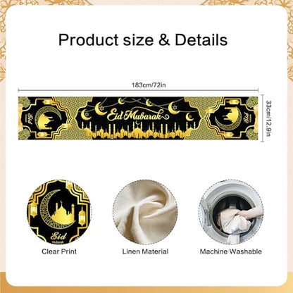 Ramadan Mosque Linen Table Runner: Black and Gold Mosque Moon Tablerunner Muslim Eid Al-fitr Eid Mubarak Perfect for Ramadan Party Home Kitchen Dining Mantel 13×72Inches(1 Pcs) - color: Ramadan Black