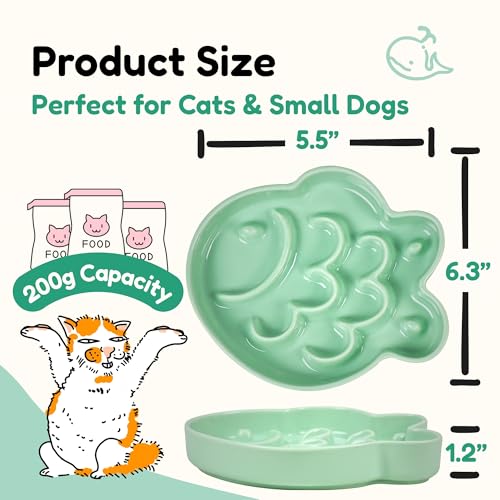 Ceramic Cat Slow Feeder Bowl - Shallow Whisker Friendly Cat Plate for Dry and Wet Food - Puzzle Feeder for Slow Eating - Helps Reduce Vomiting - Microwave & Dishwasher Safe -Non Slip(Green,6.3''W) - color: Green