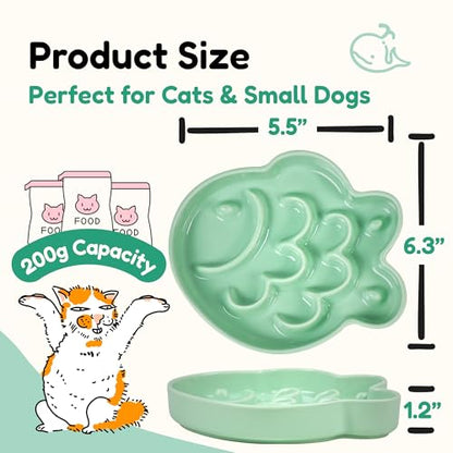 Ceramic Cat Slow Feeder Bowl - Shallow Whisker Friendly Cat Plate for Dry and Wet Food - Puzzle Feeder for Slow Eating - Helps Reduce Vomiting - Microwave & Dishwasher Safe -Non Slip(Green,6.3''W) - color: Green