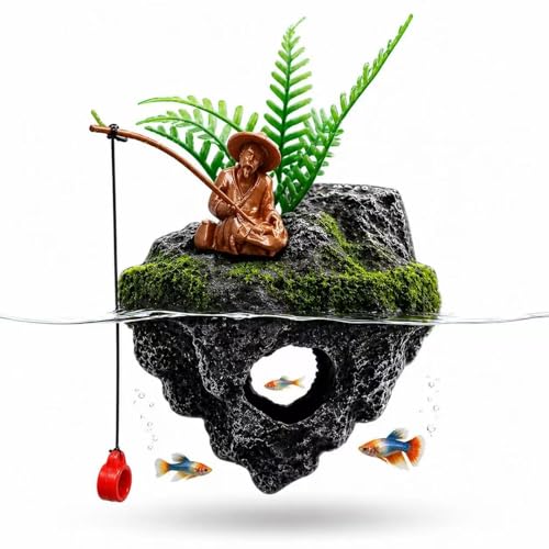 Resin Aquarium Floating Island Decoration, Fish Tank Floating Hiding Cave, Fisherman Decoration Accessory, Betta Fish Habitat, Suitable for Guppies, Rainbowfish and Hermit Crabs