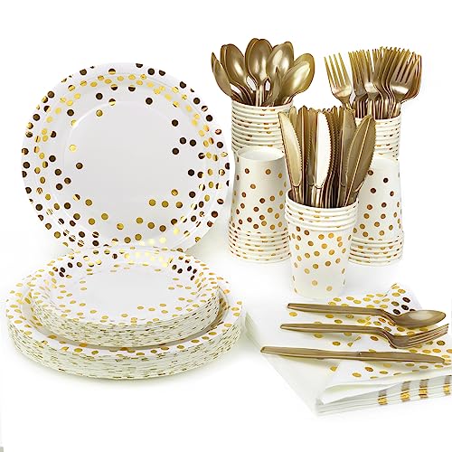 Lzerking Party Supplies Set - 280 Pieces of White and Gold Dot Paper Plates - color: Gold Dot-280 pieces