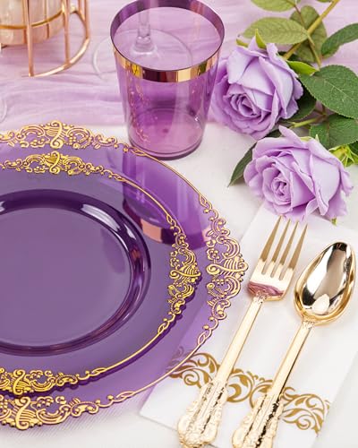 Nervure 175PCS Clear Purple Plastic Plates - Purple Party Plates Set for 25 Guests Include 25Dinner Plate, 25Dessert Plate, 25Cups, 75 Cutlery, 25Napkins Perfect for Wedding, Party & Bridal - color: Transparent Purple, style: 175Pcs(25Guests)