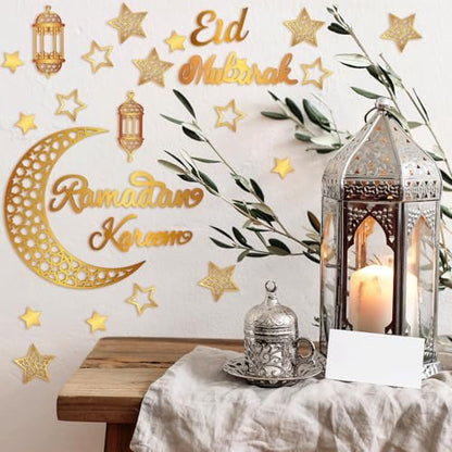 Geelin 23 Pcs Ramadan Decorations for Home 2026 Eid Ramadan Kareem Mubarak Wall Decor Islamic Wooden Gold Moon Star Lantern Wall Art Sign for Living Room Bedroom Muslim Arabic Party Supplies (Eid) - style: Eid