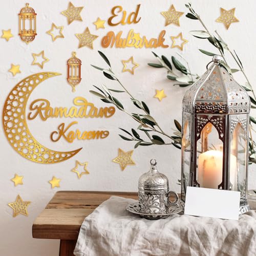 Geelin 23 Pcs Ramadan Decorations for Home 2026 Eid Ramadan Kareem Mubarak Wall Decor Islamic Wooden Gold Moon Star Lantern Wall Art Sign for Living Room Bedroom Muslim Arabic Party Supplies (Eid) - style: Eid