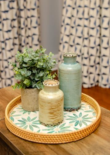 Magenta & Teal Round Rattan Serving Tray with Mother of Pearl Inlay, Wicker Coffee Table Decor, Farmhouse Style (Green Flower) - color: Green Flower