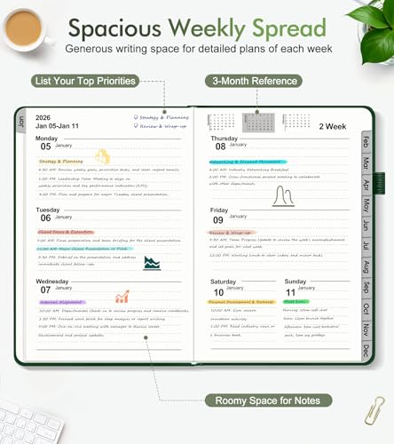 2026 Weekly & Monthly Planner, 12 Months Hardcover Planner from January 2026 - December 2026, Leather Agenda Organizer Book 2026 with Tabs, Daily Calendar Planners for Work School Home, A5 (5.75" x 8.38"), Green - color: Green