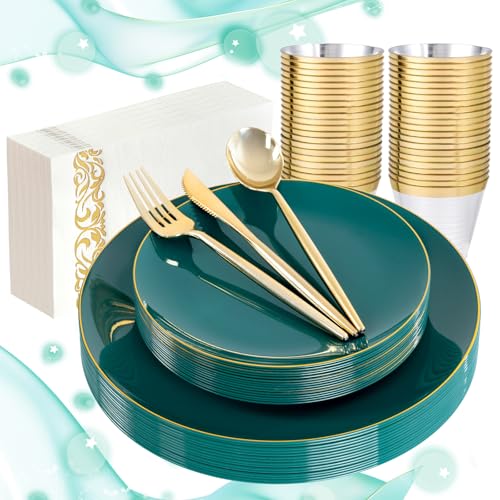 MirthMood 210pcs Green Plastic Plates,Disposable Green Gold Party Plates - color: Dark Green, size: 210
