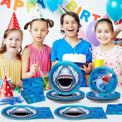 24 Guests Shark Theme Party Decorations Under the Sea Party Tableware Set Shark Baby Shower Plates Napkins and Forks Ocean Birthday Table Decorations Supplies 96Pcs - style: Shark