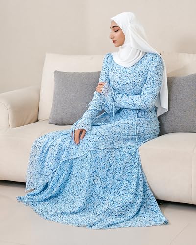 Muslim Abaya Dress for Women 3-Piece Set, Ruffle Top & Chiffon Maxi Skirt - color: Blue, size: X-Large