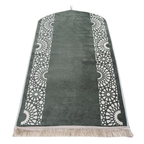Modefa Turkish Islamic Prayer Mat - Chenille with Foam and Carrying Bag - Intricate Praying Rug Ramadan Eid Gift - Traditional Muslim Janamaz Seccade for Men Women - Mustaqim (Sage Green) - color: Sage Green