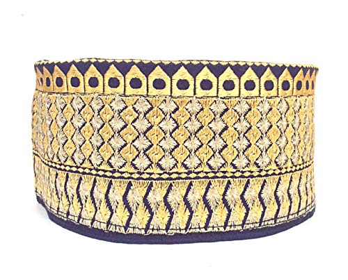 Kufi Men's Unisex Skull Cap Broad Strap Solid Hat with Hand Embroidery Kufi Caps Knitted Beanie Summer Headwear Long Hats - color: Blue Golden, size: Large