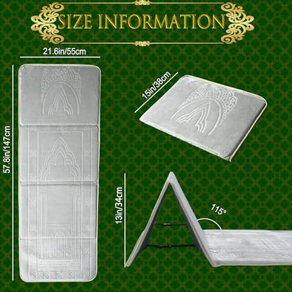 Foldable Muslim Prayer Mat with Back Rest Support, Thick Padded Islamic Prayer Rug, Travel Portable Carpet for Women Men, janamaz, Sajadah, Meditation Prayer Ramadan Eid Gift with Hat and 33 Beads - color: GREY