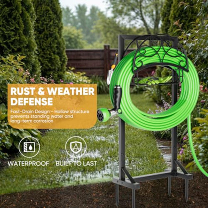 Heavy-Duty Garden Hose Holder with Storage Basket and Tool Hooks, Stable Freestanding Hose Stand Holds 160Ft, Metal Hose Hanger, Rustproof Water Hose Holder Storage for Outside,Yard,Lawn,Farm - color: Matte Black