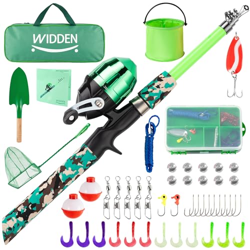 WIDDEN Kids Fishing Pole, Portable Telescopic Kids Fishing Poles for Boys and Girls, Fishing Rod and Reel Combo Kit with Tackle Box, and Fishing Net, Best Fishing Pole for Toddler Youth - color: GREEN