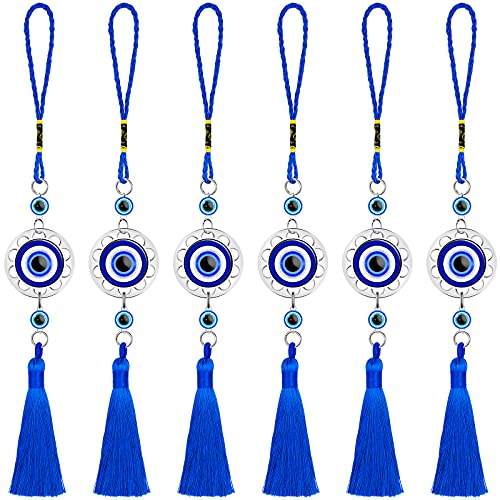 Hicarer 6 Pieces Lucky Evil Eye Charm Pendant Bulk Car Hanging Ornament Glass Blue Resin Evil Eye Beads Rear View Mirror Hanging Accessories with Tassel Protection Pedant Charms for Car Home Decors