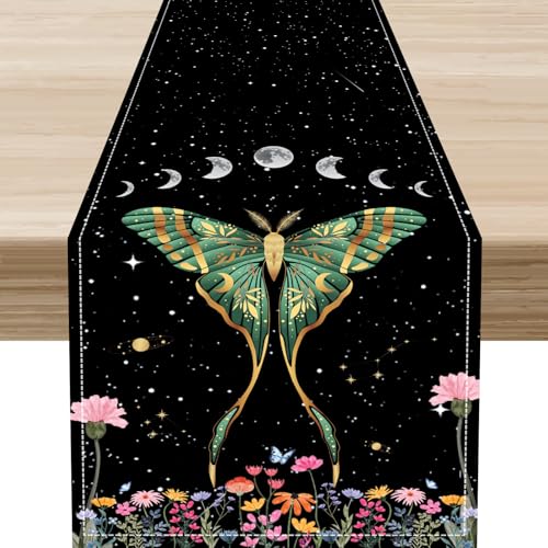 Moon Phase Table Runner, Vintage Mystical Sun Moon Stars Floral Moth Print Table Center Decor for Family Kitchen Table Decorations Indoor Outdoor 13x36 inch - color: Moth-4, size: 13x36" Table Runner