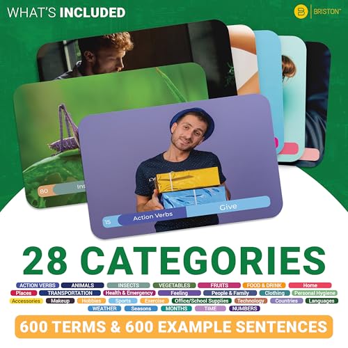 Briston Spanish Vocabulary Flash Cards – 600 English to Spanish Flashcards with Example Sentences & Pronunciations – Language Learning Cards for Kids & Adults, Classroom, Homeschool Study Set