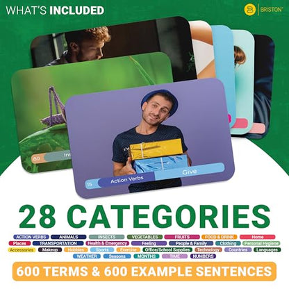 Briston Spanish Vocabulary Flash Cards – 600 English to Spanish Flashcards with Example Sentences & Pronunciations – Language Learning Cards for Kids & Adults, Classroom, Homeschool Study Set