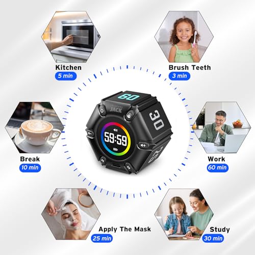 Jack Pomodoro Timer - Productivity Cube, Visual Focus Timer, Mute & Vibration & Adjustable Sound Alert, for Office, ADHD, Study, Work, 3/5/10/25/30/60min & Custom Countdown - Black - color: Real Black