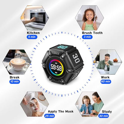 Jack Pomodoro Timer - Productivity Cube, Visual Focus Timer, Mute & Vibration & Adjustable Sound Alert, for Office, ADHD, Study, Work, 3/5/10/25/30/60min & Custom Countdown - Black - color: Real Black