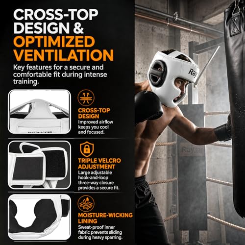 Boxing Headgear for Men Women – Professional Lightweight Open Face Head Guard, Breathable Protection, Secure Fit for MMA Muay Thai Kickboxing Sparring Training - color: White