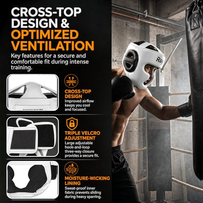 Boxing Headgear for Men Women – Professional Lightweight Open Face Head Guard, Breathable Protection, Secure Fit for MMA Muay Thai Kickboxing Sparring Training - color: White