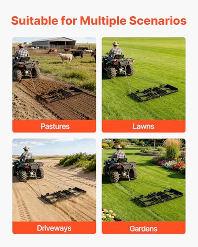 VEVOR Drag Harrow, 48 x 20 in, Tow-Behind Driveway Grader with Adjustable Width & 50lbs Load Capacity, Heavy Duty Lawn Leveling Rake, Galvanized Steel Gravel Driveway Drag, Fits ATVs UTVs Tractors - size: 4 FT- Black