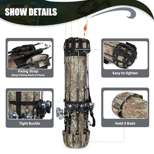 Fishing Pole Bag Rod Case, Folding Fishing Pole Bag Fishing Gear | 900D Oxford Fabric Fishing Pole Case, Large Capacity, Holds 5 Fishing Poles with Reels, Lightweight Fishing Gifts for Men Boy - color: Green Caomo
