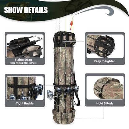 Fishing Pole Bag Rod Case, Folding Fishing Pole Bag Fishing Gear | 900D Oxford Fabric Fishing Pole Case, Large Capacity, Holds 5 Fishing Poles with Reels, Lightweight Fishing Gifts for Men Boy - color: Green Caomo