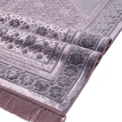 Modefa Velvet Prayer Rug - Soft Plush Turkish Janamaz Sajada Carpet for Men and Women - Plain Solid Prayer Mat Ramadan Eid Gift - with Prayer Beads - Luxury Floral Stamp (Lilac) - color: Lilac