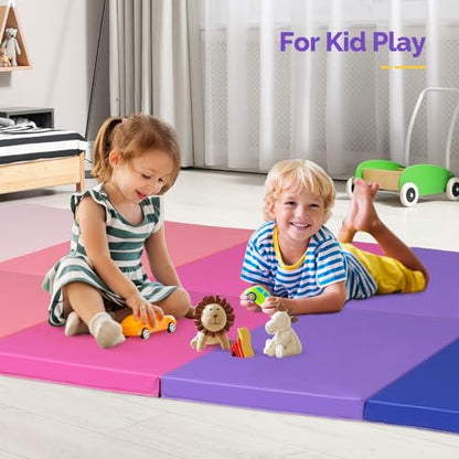 Matladin Folding Gymnastics Gym Exercise Aerobics Mat, 76"L x 30"W x 1.5"Th Folding Exercise Mat, Easy to Clean PU Leather Tumbling Mats for Stretching Yoga Cheerleading Martial Arts, Kid Play(Pink ,Blue） - color: Pink ,Blue Gradient