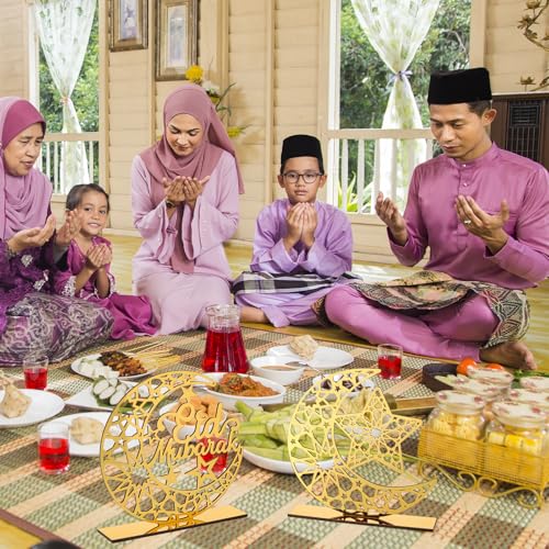 2 Pieces Acrylic Ramadan Decorations Islamic Eid Mubarak Kareem Table Sign Moon Hollow Star Ornament for Muslim Party Tabletop Decor Home Art Craft Decoration Golden Moon - style: Star