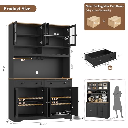 HOSTACK 75" Kitchen Pantry Storage Cabinet, Coffee Bar Hutch Cabinet, Black | Tall Pantry Cabinet with Charging Station / Wide Countertop / Glass Doors / Wine Rack / Cup Holder / Drawers, Dining Room - color: Black